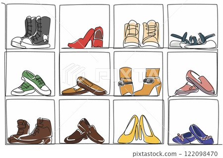 Single continuous line drawing shoe cabinet with compartments filled with various types of shoes. Shoe collection with various purposes. Neat. Get Organized Day. One line design vector illustration 122098470