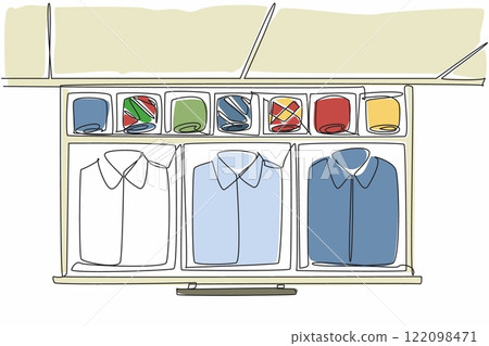 Single one line drawing wardrobe drawer opened and inside there are shirts and ties in various colors. Shirts are separated by color. Get Organized Day. Continuous line design graphic illustration Single one line drawing wardrobe drawer opened and inside there are shirts and ties in various colors. Shirts are separated by color. Get Organized Day. Continuous line design graphic illustration 122098471
