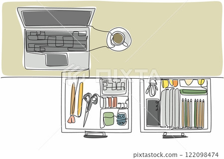 Continuous one line drawing work desk with open drawers and various contents. A tidy workspace always creates enthusiasm. Spirit at work. Get Organized Day. Single line draw design vector illustration 122098474