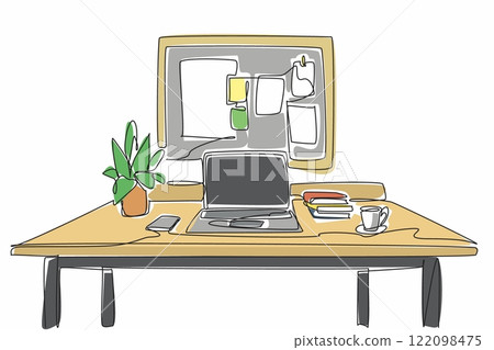 Single continuous line drawing work desk equipped with laptop for work. Small notes for urgent work reminders. Warm coffee always accompanies. Get Organized Day. One line design vector illustration 122098475