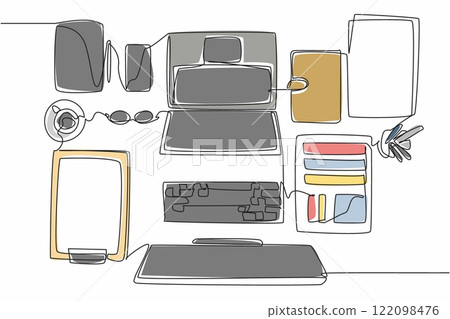 Single one line drawing a very neatly arranged work desk. Makes it easier to work and read weekly reports. Neatness keeps a good mood. Get Organized Day. Continuous line design graphic illustration 122098476