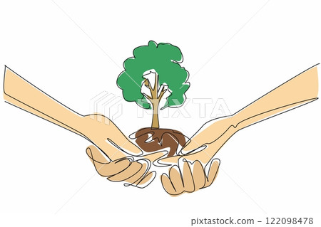 Continuous one line drawing hands stacked on top of each other to support a tree with a mound of earth. Working together to plant trees. National Arbor Day. Single line draw design vector illustration 122098478