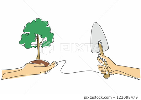 Single continuous line drawing hand holding tree with mound of soil and shovel. Planting dense trees is very good for earth. Reduce pollution. National Arbor Day. One line design vector illustration 122098479