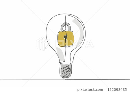 Continuous one line drawing a light bulb with a padlock inside. The brilliance of an idea that no one else can claim. World Intellectual Property Day. Single line draw design vector illustration 122098485