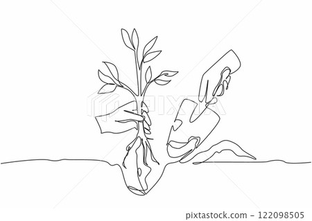 Single continuous line drawing hand holding shovel and small tree. Planting trees greens the earth. Spreads oxygen levels. Comfortable earth. National Arbor Day. One line design vector illustration Single continuous line drawing hand holding shovel and small tree. Planting trees greens the earth. Spreads oxygen levels. Comfortable earth. National Arbor Day. One line design vector illustration 122098505
