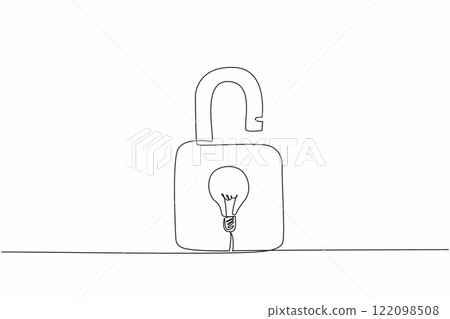 Continuous one line drawing a padlock with a light bulb in the middle. Works originating from ideas protected by patents. World Intellectual Property Day. Single line draw design vector illustration Continuous one line drawing a padlock with a light bulb in the middle. Works originating from ideas protected by patents. World Intellectual Property Day. Single line draw design vector illustration 122098508