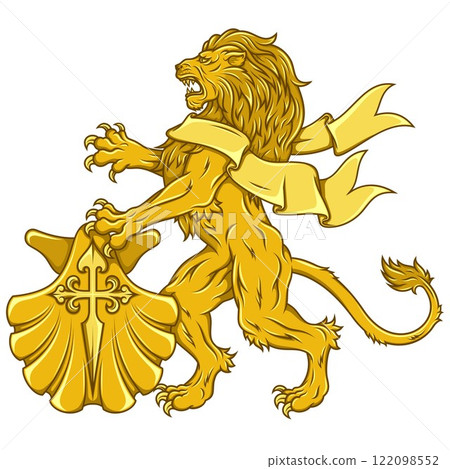 Rampant lion with ribbon and seashell 122098552