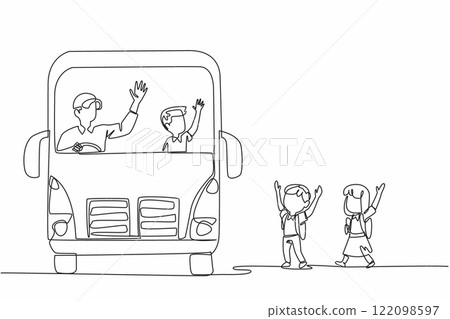 Single one line drawing 2 male and female students walking towards the school bus. Welcoming arrival. Hospitality. School Bus Driver Appreciation Day. Continuous line design graphic illustration 122098597