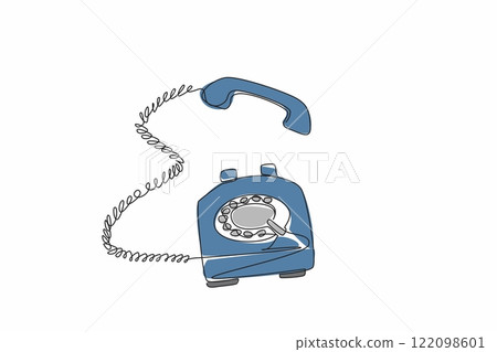 Single continuous line drawing retro telephone with the telephone receiver raised and at the top. The ringing sound of landline. Classic. National Telephone Day. One line design vector illustration 122098601
