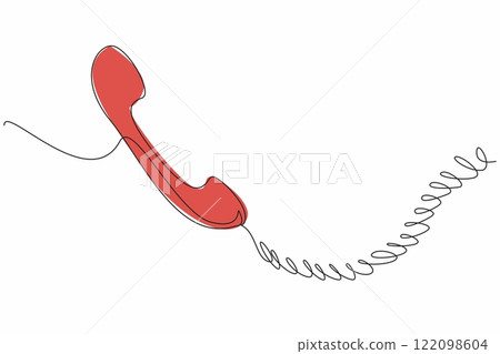 Continuous one line drawing retro telephone receiver with coiled cord. The telephone cable is thick and tangles easily. Vintage. National Telephone Day. Single line draw design vector illustration 122098604