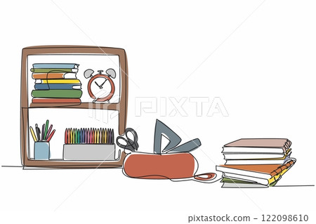 Single continuous line drawing an interior that depicts a place to study. A neatly arranged study or work space. Make the mood always good. World Stationery Day. One line design vector illustration 122098610