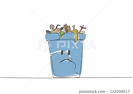 Single continuous line drawing trash can is filled with lots of leftover food. Trash can sad character because of wasteful behavior. Redundant. Stop Food Waste Day. One line design vector illustration Single continuous line drawing trash can is filled with lots of leftover food. Trash can sad character because of wasteful behavior. Redundant. Stop Food Waste Day. One line design vector illustration 122098617