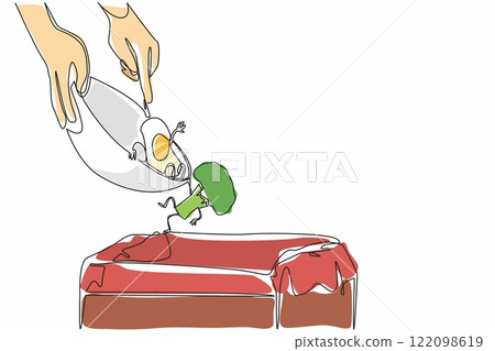 Single continuous line drawing hands throwing fried eggs and broccoli from the bowl into trash. Food who do not like to throw away. Bad habits. Stop Food Waste Day. One line design vector illustration 122098619