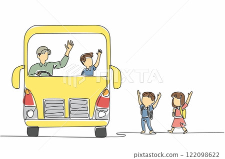 Single one line drawing 2 male and female students walking towards the school bus. Welcoming arrival. Hospitality. School Bus Driver Appreciation Day. Continuous line design graphic illustration 122098622
