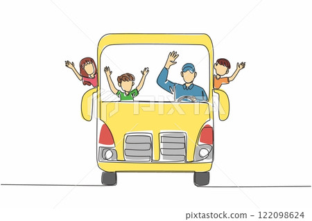 Single one line drawing school bus with bus driver and some students. Always a pleasant atmosphere when going to school. School Bus Driver Appreciation Day. Continuous line design graphic illustration 122098624