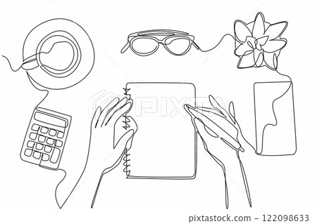 Single one line drawing hand holding pen and notebook. Designing a hopeful future. List of holiday lists. Determine the budget. National Bucket List Day. Continuous line design graphic illustration Single one line drawing hand holding pen and notebook. Designing a hopeful future. List of holiday lists. Determine the budget. National Bucket List Day. Continuous line design graphic illustration 122098633