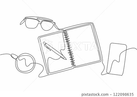 Single one line drawing organizer book with Bucket List writing. Write down the targets to be achieved. Achieve dreams. Goals. National Bucket List Day. Continuous line design graphic illustration Single one line drawing organizer book with Bucket List writing. Write down the targets to be achieved. Achieve dreams. Goals. National Bucket List Day. Continuous line design graphic illustration 122098635
