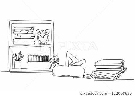 Single continuous line drawing an interior that depicts a place to study. A neatly arranged study or work space. Make the mood always good. World Stationery Day. One line design vector illustration Single continuous line drawing an interior that depicts a place to study. A neatly arranged study or work space. Make the mood always good. World Stationery Day. One line design vector illustration 122098636