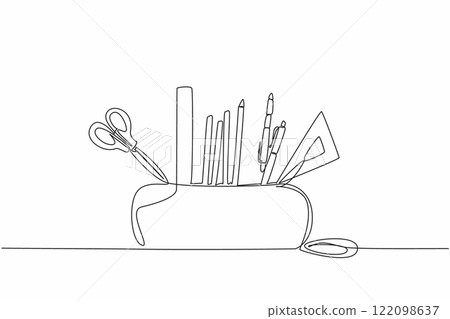 Single continuous line drawing pencil pouch case. Orderliness in arranging stationery. Makes it easier to find and use. Ease of working. World Stationery Day. One line design vector illustration Single continuous line drawing pencil pouch case. Orderliness in arranging stationery. Makes it easier to find and use. Ease of working. World Stationery Day. One line design vector illustration 122098637