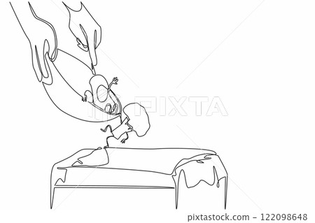 Single continuous line drawing hands throwing fried eggs and broccoli from the bowl into trash. Food who do not like to throw away. Bad habits. Stop Food Waste Day. One line design vector illustration 122098648