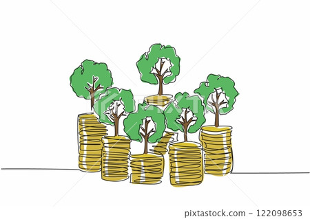 Single one line drawing some stacks of coins with trees. Symbol of investment. Investment rather than wasteful behavior. National Financial Awareness Day. Continuous line design graphic illustration Single one line drawing some stacks of coins with trees. Symbol of investment. Investment rather than wasteful behavior. National Financial Awareness Day. Continuous line design graphic illustration 122098653