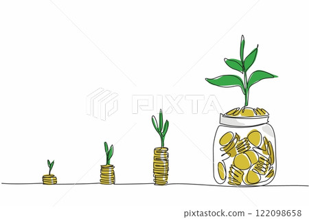 Single one line drawing hand inserts a coin into a jar containing a pile of coins and a tree. Investment for the future. National Financial Awareness Day. Continuous line design graphic illustration 122098658
