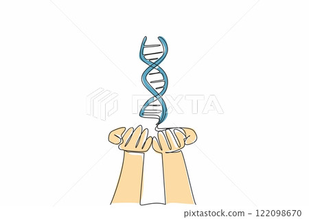Single continuous line drawing DNA symbol on two open palms. Successful research. Successful blood sample testing. Researchers do the job right. National DNA Day. One line design vector illustration 122098670