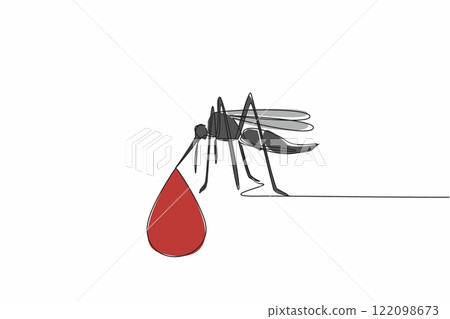 Single continuous line drawing mosquitoes that have drops of blood at the tip of their suckers. Diseases transmitted by mosquito bites. Health. World Malaria Day. One line design vector illustration 122098673
