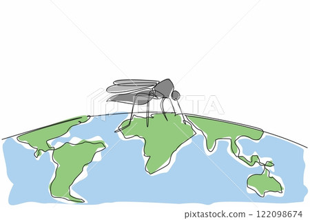 Single one line drawing semicircular world map with big mosquito on it. Malaria-spreading mosquitoes all around. Be alert. Live healthy. World Malaria Day. Continuous line design graphic illustration 122098674