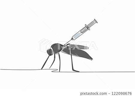 Single one line drawing syringe injection that injects large mosquitoes. Malaria can be prevented by vaccines. Stop with healthy living. World Malaria Day. Continuous line design graphic illustration 122098676