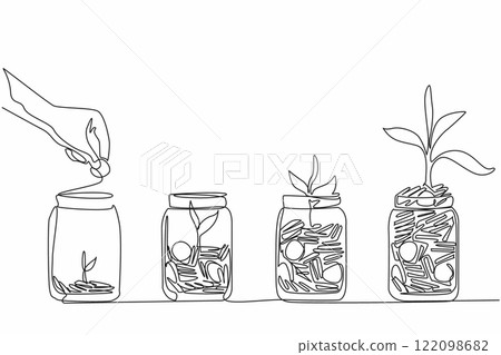 Single one line drawing hand inserts a coin into a jar containing a pile of coins and a tree. Investment for the future. National Financial Awareness Day. Continuous line design graphic illustration 122098682