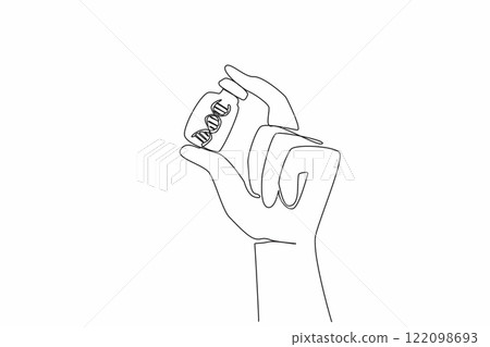 Single continuous line drawing hand holding a vaccine bottle and inside there is a DNA symbol. Researchers conducted genetic checks. Research. National DNA Day. One line design vector illustration 122098693