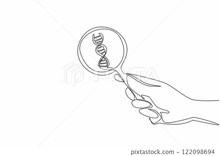 Continuous one line drawing hand holding a magnifier and pointing it at the DNA symbol. Blood cell checks to investigate health issues. National DNA Day. Single line draw design vector illustration 122098694