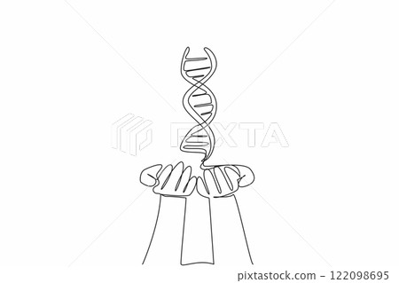 Single continuous line drawing DNA symbol on two open palms. Successful research. Successful blood sample testing. Researchers do the job right. National DNA Day. One line design vector illustration 122098695