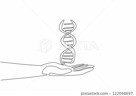 Continuous one line drawing DNA symbol on open palm. Submitting a blood sample for paternity testing. Researchers carry out tasks. Gene. National DNA Day. Single line draw design vector illustration Continuous one line drawing DNA symbol on open palm. Submitting a blood sample for paternity testing. Researchers carry out tasks. Gene. National DNA Day. Single line draw design vector illustration 122098697