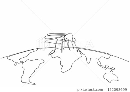 Single one line drawing semicircular world map with big mosquito on it. Malaria-spreading mosquitoes all around. Be alert. Live healthy. World Malaria Day. Continuous line design graphic illustration 122098699