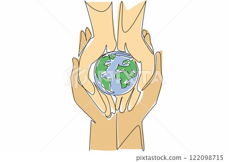 Continuous one line drawing two human hands holding a globe. Teaching children to care for the earth. Cultivating sensitivity. Environmental. Earth Day. Single line draw design vector illustration Continuous one line drawing two human hands holding a globe. Teaching children to care for the earth. Cultivating sensitivity. Environmental. Earth Day. Single line draw design vector illustration 122098715