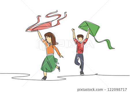 Single continuous line drawing a boy and a girl run while holding a kite. Flying a kite by running. Flying in classic style. Outdoor games. Go Fly a Kite Day. One line design vector illustration Single continuous line drawing a boy and a girl run while holding a kite. Flying a kite by running. Flying in classic style. Outdoor games. Go Fly a Kite Day. One line design vector illustration 122098717