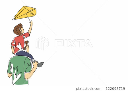 Continuous one line drawing a father carrying his son playing a kite on his shoulder. A memorable holiday. Strengthening the bond. Go Fly a Kite Day. Single line draw design vector illustration 122098719