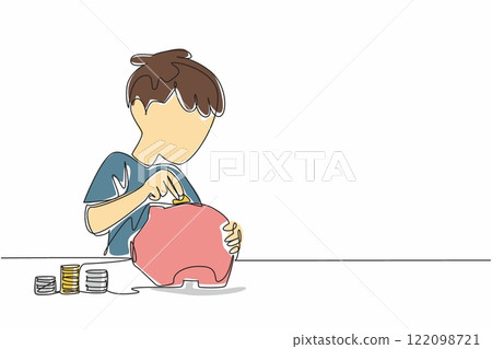 Single one line drawing a boy is putting coins into a piggy bank. The habit of saving from an early age. Financial preparation for the future. Coin Week. Continuous line design graphic illustration 122098721