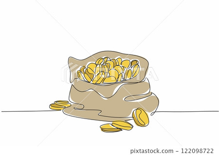 Single one line drawing an open cloth bag filled with coins. Like a prize from television quiz. The gold coins glistened. The luxury of treasure. Coin Week. Continuous line design graphic illustration Single one line drawing an open cloth bag filled with coins. Like a prize from television quiz. The gold coins glistened. The luxury of treasure. Coin Week. Continuous line design graphic illustration 122098722