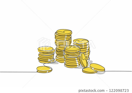 Single continuous line drawing the stacks of coins of varying heights. Gold coin money. Financial readiness is still inadequate. Different abilities. Coin Week. One line design vector illustration 122098723