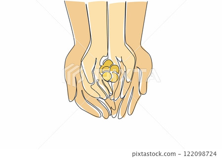 Continuous one line drawing put a coin in the palm of the hand. Financial readiness education is provided from an early age. Learn to save. Coin Week. Single line draw design vector illustration Continuous one line drawing put a coin in the palm of the hand. Financial readiness education is provided from an early age. Learn to save. Coin Week. Single line draw design vector illustration 122098724
