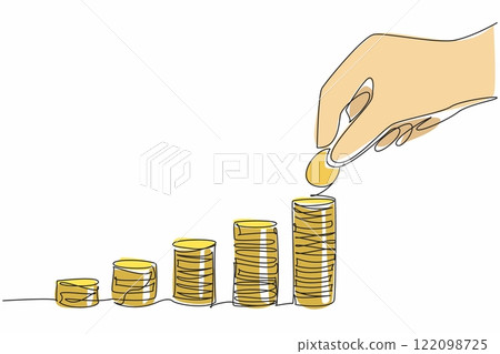 Single continuous line drawing 5 different stacks of coins. Shaped like bar graph. The ability to save for future financial freedom. Serenity. Comfort. Coin Week. One line design vector illustration Single continuous line drawing 5 different stacks of coins. Shaped like bar graph. The ability to save for future financial freedom. Serenity. Comfort. Coin Week. One line design vector illustration 122098725