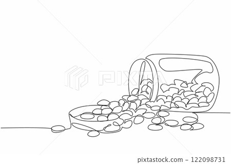 Single continuous line drawing colorful jelly beans placed in a glass jar that fell. Snack that children fight over. Addictive sweet taste. National Jelly Bean Day. One line design vector illustration 122098731
