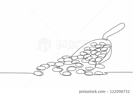 Continuous one line drawing colorful jelly beans are placed in a scoop. Buy in bulk. Stock of sweet snacks for one month. Zesty. National Jelly Bean Day. Single line draw design vector illustration 122098732