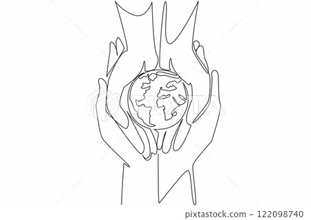 Continuous one line drawing two human hands holding a globe. Teaching children to care for the earth. Cultivating sensitivity. Environmental. Earth Day. Single line draw design vector illustration Continuous one line drawing two human hands holding a globe. Teaching children to care for the earth. Cultivating sensitivity. Environmental. Earth Day. Single line draw design vector illustration 122098740