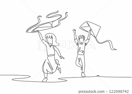 Single continuous line drawing a boy and a girl run while holding a kite. Flying a kite by running. Flying in classic style. Outdoor games. Go Fly a Kite Day. One line design vector illustration Single continuous line drawing a boy and a girl run while holding a kite. Flying a kite by running. Flying in classic style. Outdoor games. Go Fly a Kite Day. One line design vector illustration 122098742