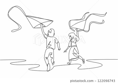Continuous one line drawing a boy and a girl run while holding a kite. Decorative kites ready to be flown. Playing together. Holiday. Go Fly a Kite Day. Single line draw design vector illustration Continuous one line drawing a boy and a girl run while holding a kite. Decorative kites ready to be flown. Playing together. Holiday. Go Fly a Kite Day. Single line draw design vector illustration 122098743