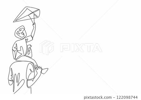 Continuous one line drawing a father carrying his son playing a kite on his shoulder. A memorable holiday. Strengthening the bond. Go Fly a Kite Day. Single line draw design vector illustration Continuous one line drawing a father carrying his son playing a kite on his shoulder. A memorable holiday. Strengthening the bond. Go Fly a Kite Day. Single line draw design vector illustration 122098744